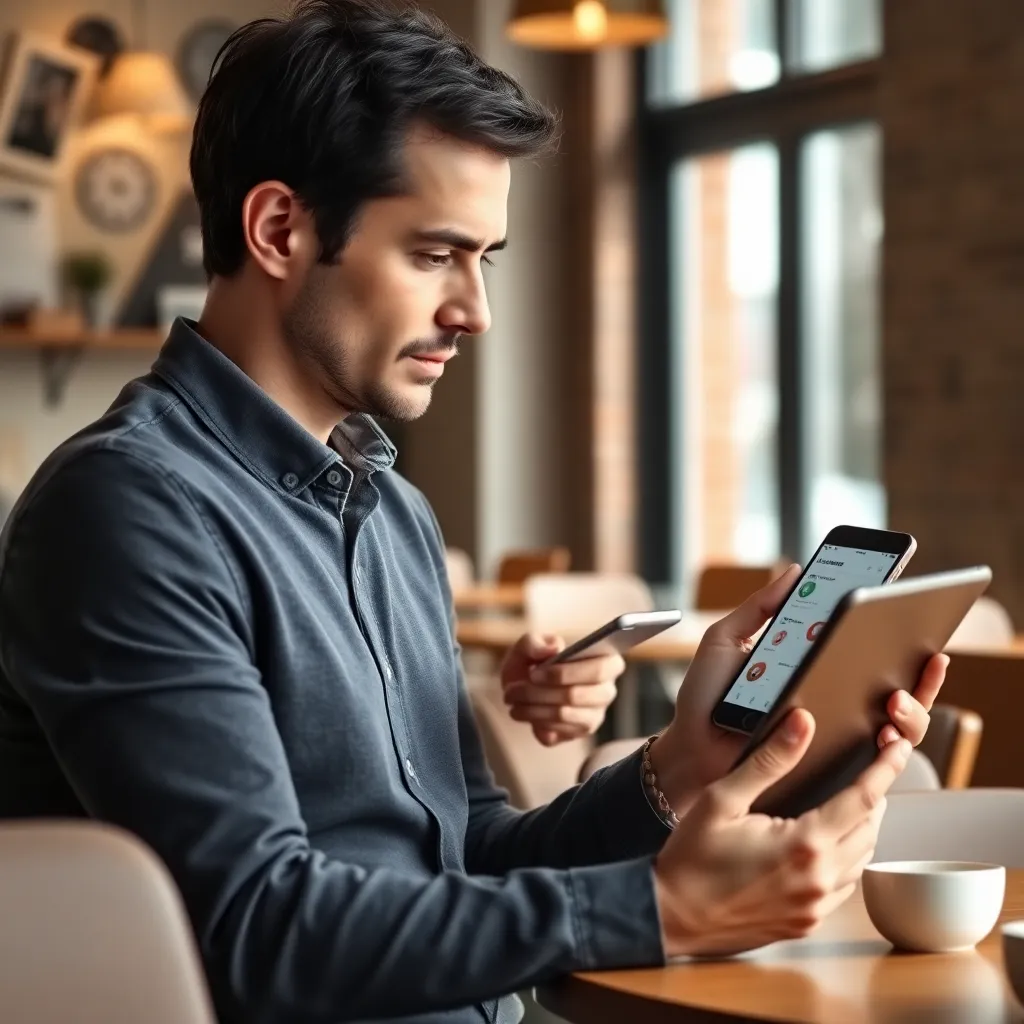 Man die financiële apps vergelijkt op smartphone en tablet