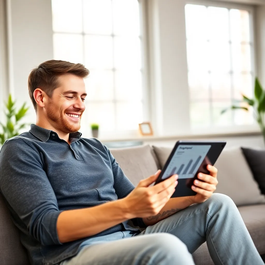 Tevreden persoon die financiële voortgang bekijkt op tablet