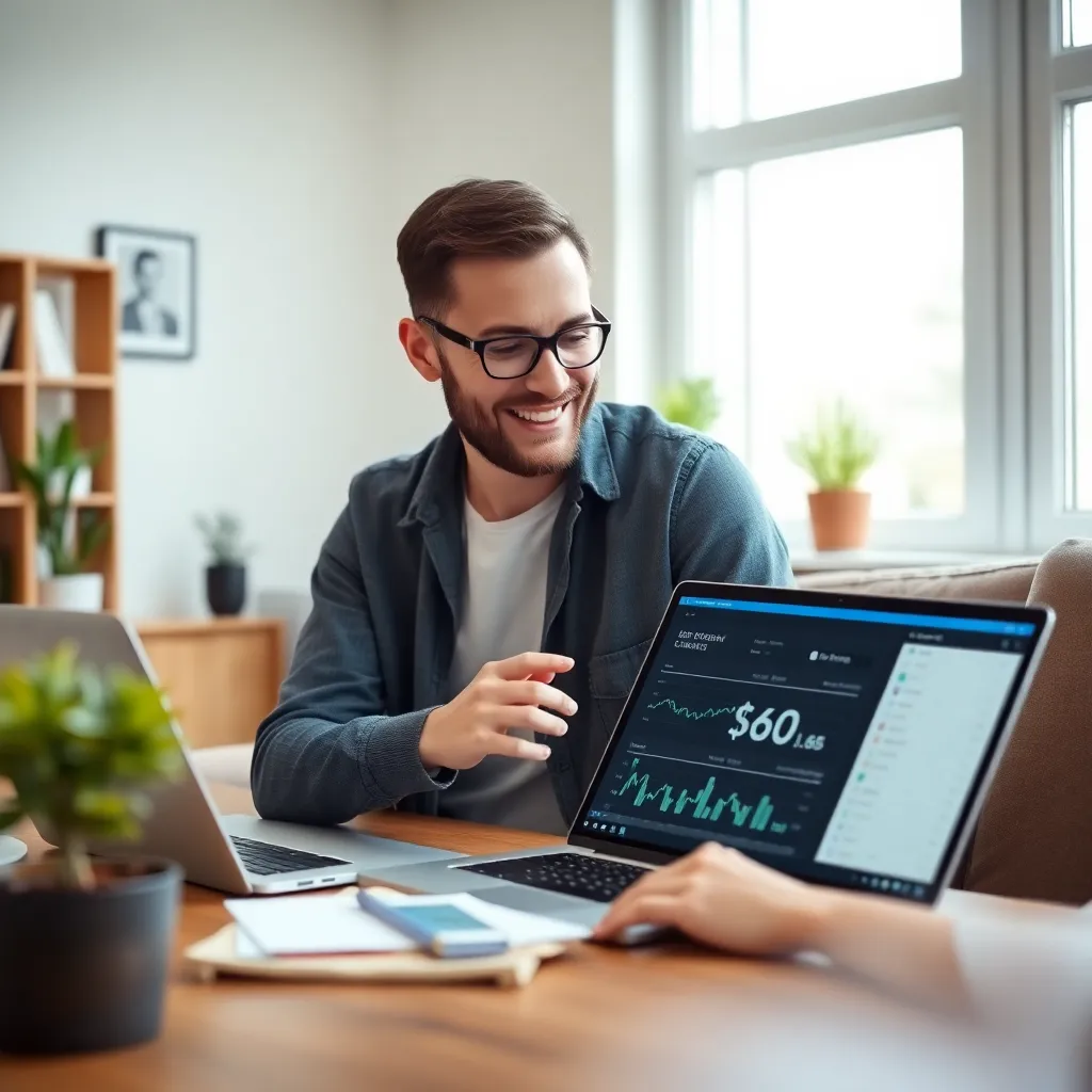Persoon die tevreden kijkt naar financieel overzicht op laptop