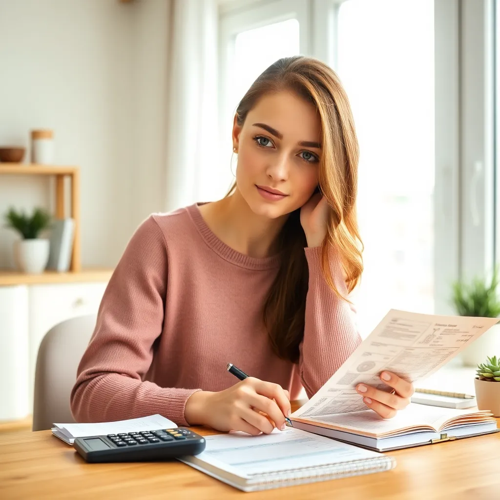 Jonge vrouw die haar maandelijkse uitgaven analyseert